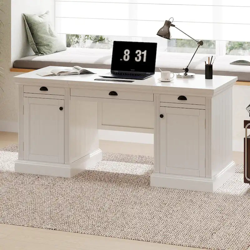 Mid Century Writing Office Desk with Hutch and Open Shelves for Small Home Office or Bedroom Workspaces