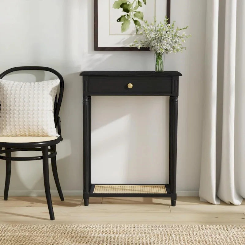 1-drawer Solid Wood Console Accent Table with Cane Shelf by