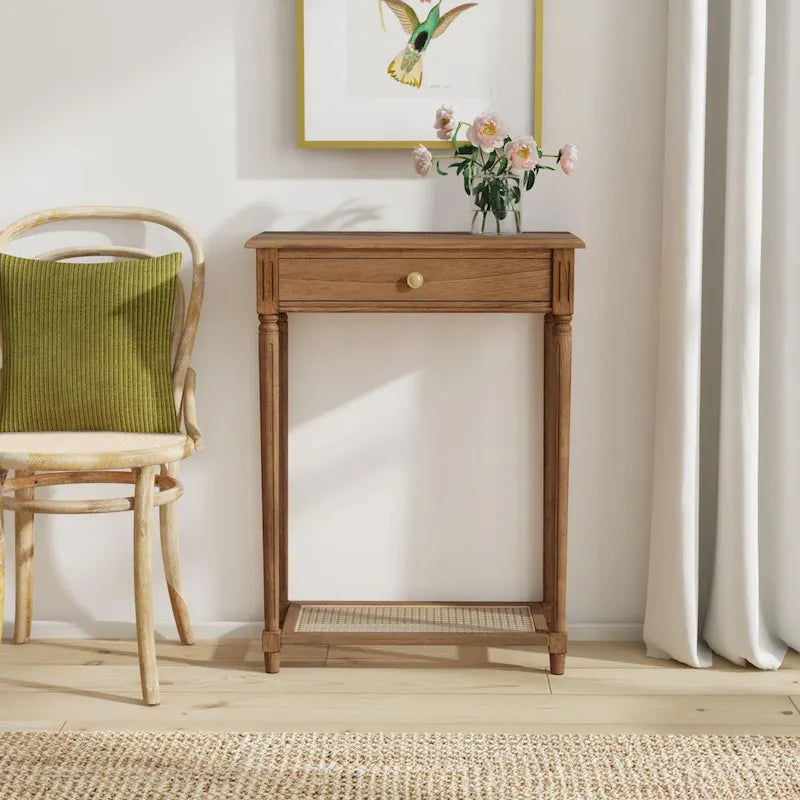1-drawer Solid Wood Console Accent Table with Cane Shelf by