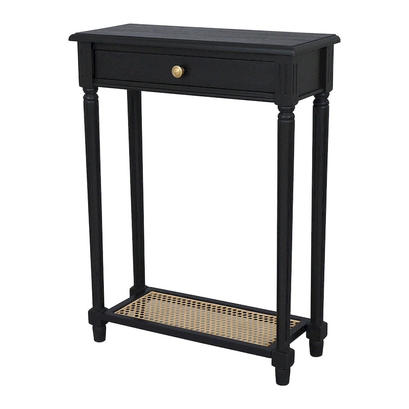 Table console d'appoint en bois massif à 1 tiroir avec étagère en cannage, par