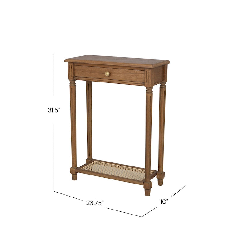 Table console d'appoint en bois massif à 1 tiroir avec étagère en cannage, par