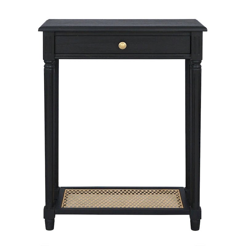 Table console d'appoint en bois massif à 1 tiroir avec étagère en cannage, par
