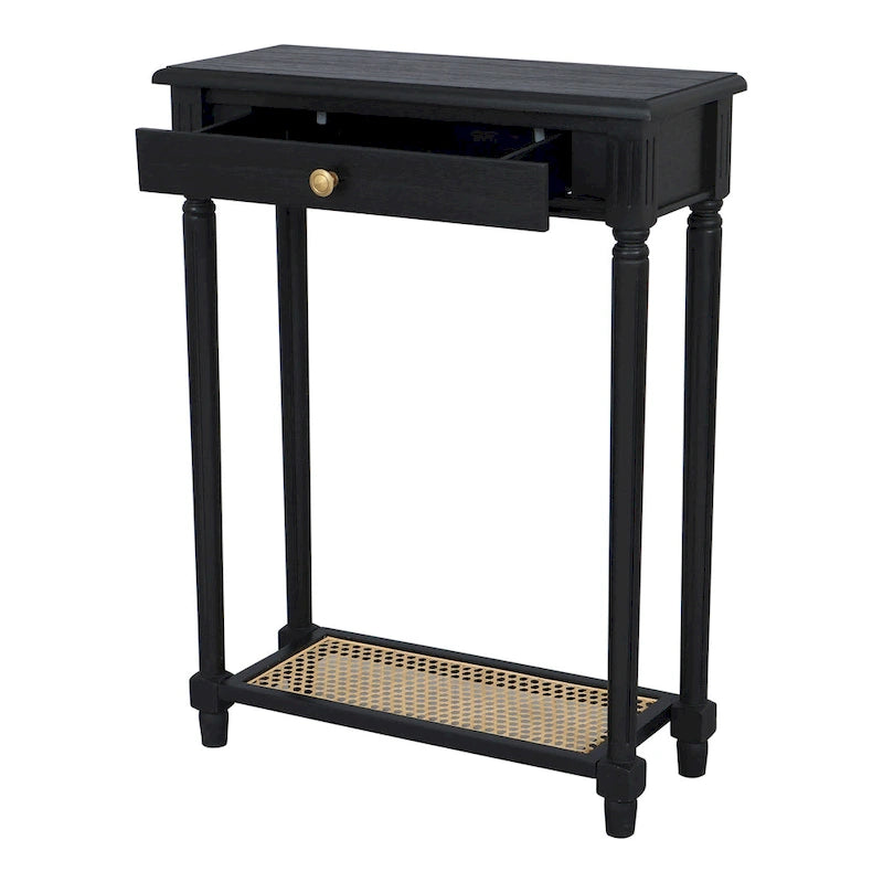 Table console d'appoint en bois massif à 1 tiroir avec étagère en cannage, par