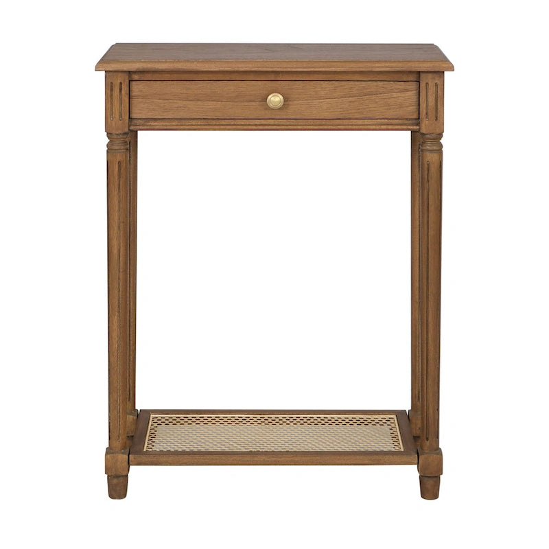 Table console d'appoint en bois massif à 1 tiroir avec étagère en cannage, par