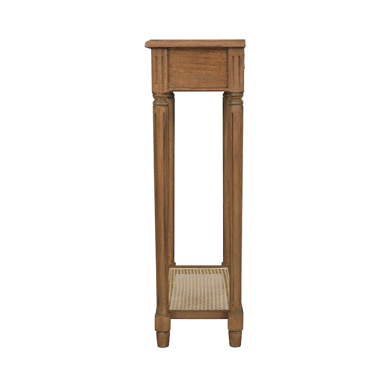 Table console d'appoint en bois massif à 1 tiroir avec étagère en cannage, par