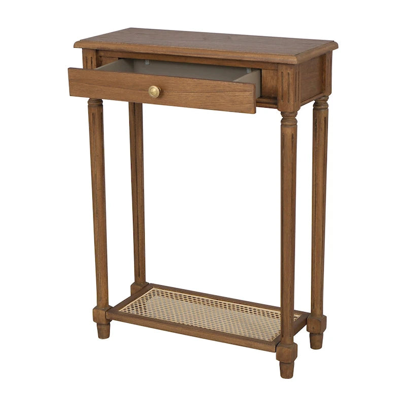 Table console d'appoint en bois massif à 1 tiroir avec étagère en cannage, par