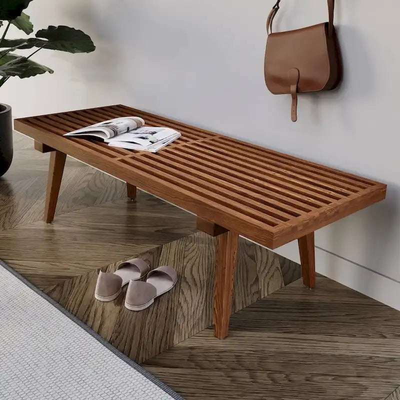 48 rechteckige Plattformbank für den Eingangsbereich aus naturfarbenem Holz, modernes Lamellendesign für Wohnzimmer, Zuhause und Büro