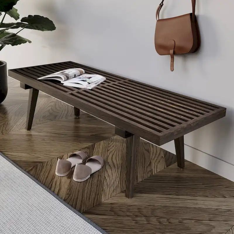 48 rechteckige Plattformbank für den Eingangsbereich aus naturfarbenem Holz, modernes Lamellendesign für Wohnzimmer, Zuhause und Büro
