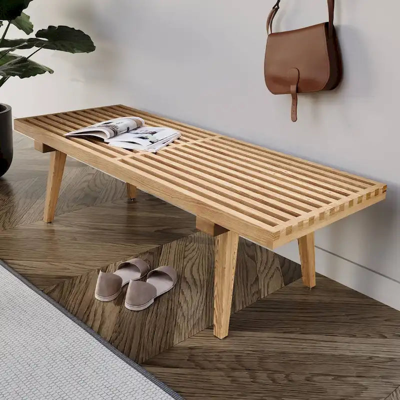 48 rechteckige Plattformbank für den Eingangsbereich aus naturfarbenem Holz, modernes Lamellendesign für Wohnzimmer, Zuhause und Büro