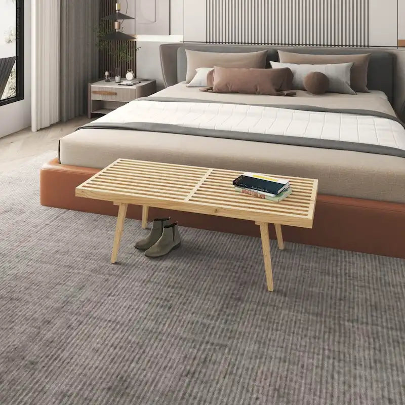 48 rechteckige Plattformbank für den Eingangsbereich aus naturfarbenem Holz, modernes Lamellendesign für Wohnzimmer, Zuhause und Büro