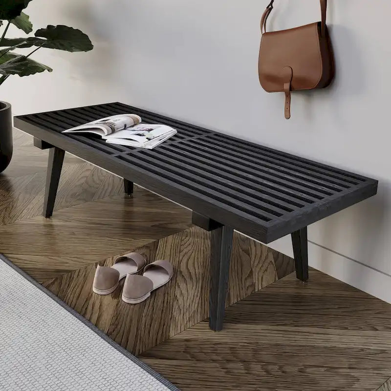 48 rechteckige Plattformbank für den Eingangsbereich aus naturfarbenem Holz, modernes Lamellendesign für Wohnzimmer, Zuhause und Büro