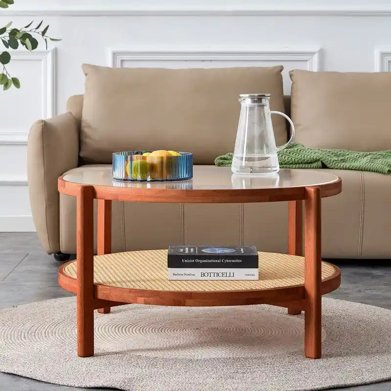 Moderner minimalistischer runder Couchtisch aus Glas und Massivholz mit zwei Ebenen