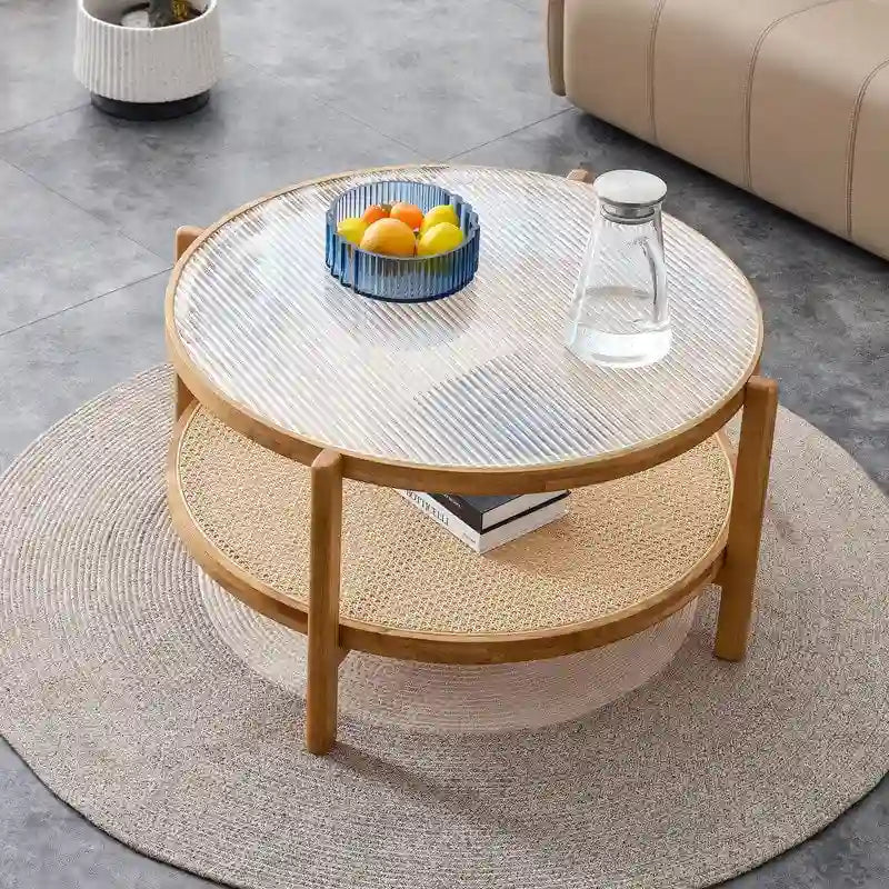 Moderner minimalistischer runder Couchtisch aus Glas und Massivholz mit zwei Ebenen