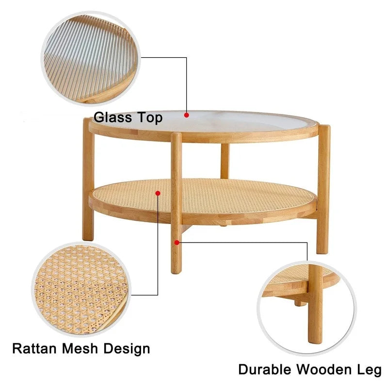 Moderner minimalistischer runder Couchtisch aus Glas und Massivholz mit zwei Ebenen