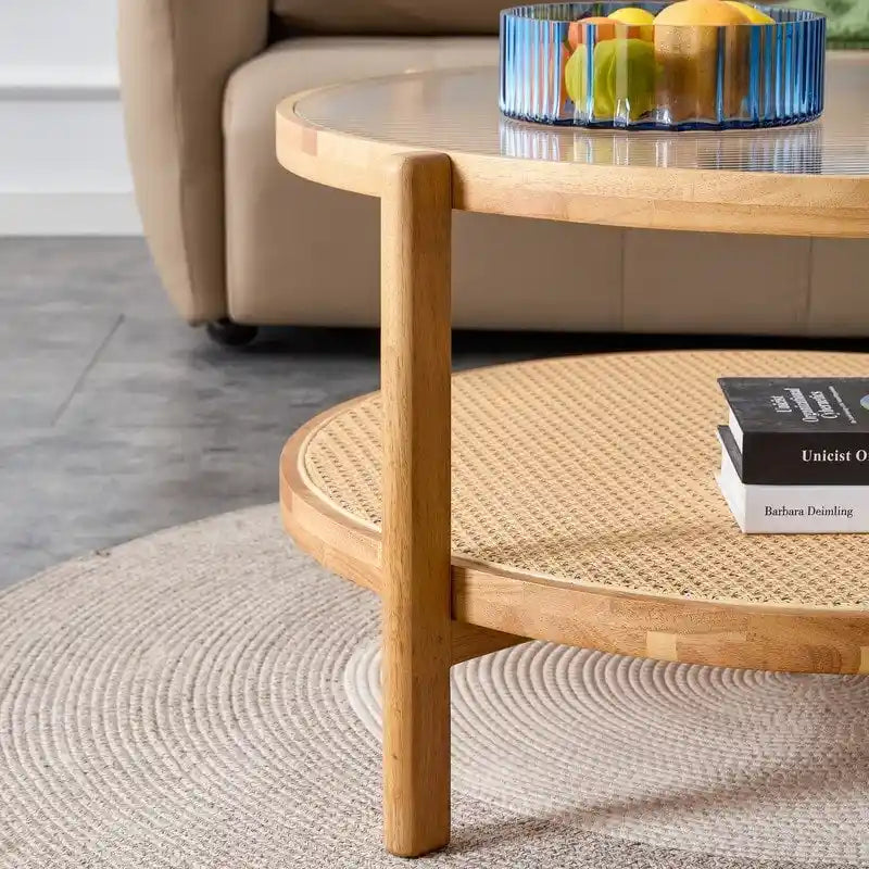 Moderner minimalistischer runder Couchtisch aus Glas und Massivholz mit zwei Ebenen