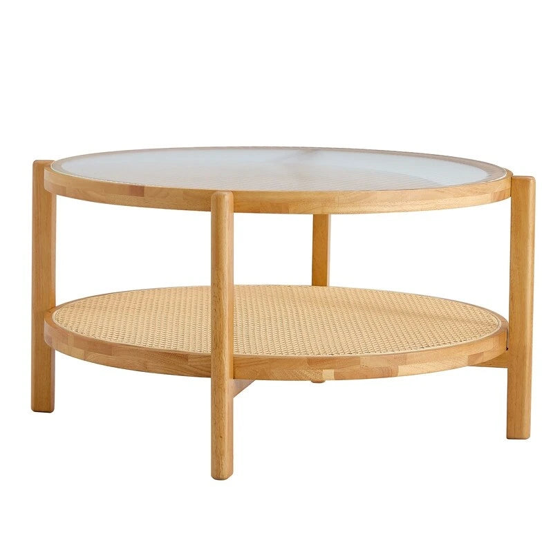 Moderner minimalistischer runder Couchtisch aus Glas und Massivholz mit zwei Ebenen