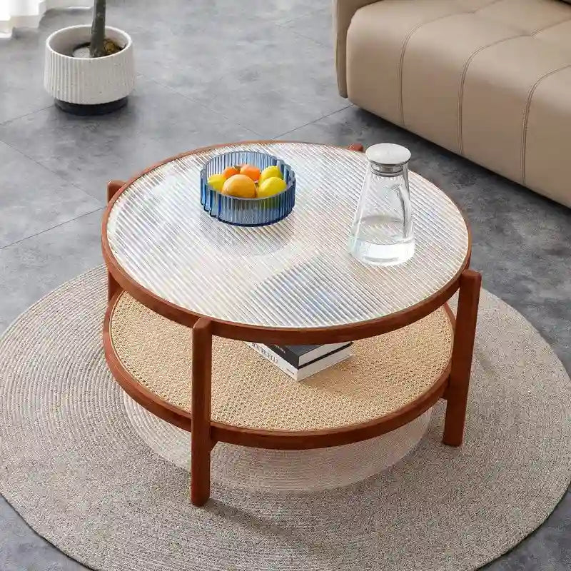 Moderner minimalistischer runder Couchtisch aus Glas und Massivholz mit zwei Ebenen