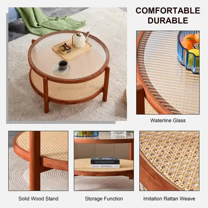 Moderner minimalistischer runder Couchtisch aus Glas und Massivholz mit zwei Ebenen