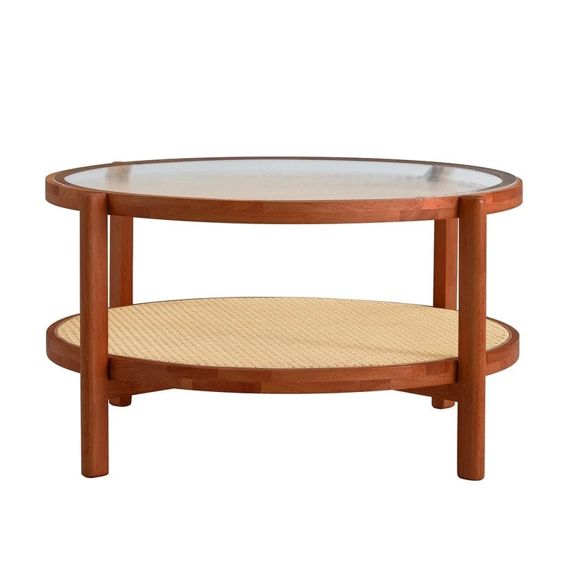 Moderner minimalistischer runder Couchtisch aus Glas und Massivholz mit zwei Ebenen