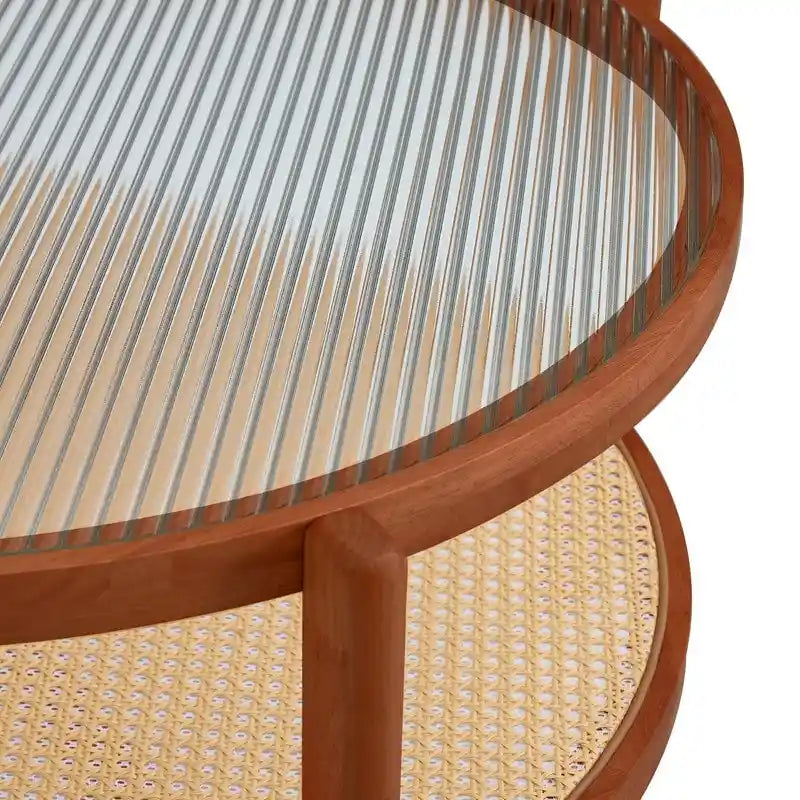 Moderner minimalistischer runder Couchtisch aus Glas und Massivholz mit zwei Ebenen