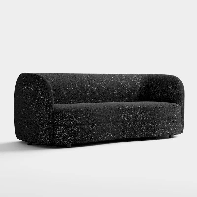 Canapé en bouclé moderne à accoudoirs courbés, assise en forme de rein et pieds ronds en bois
