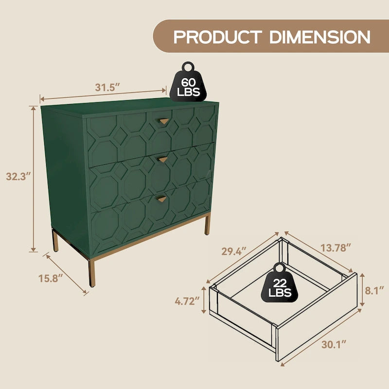 Modern Wooden Glossy 3-Drawer Storage Chest