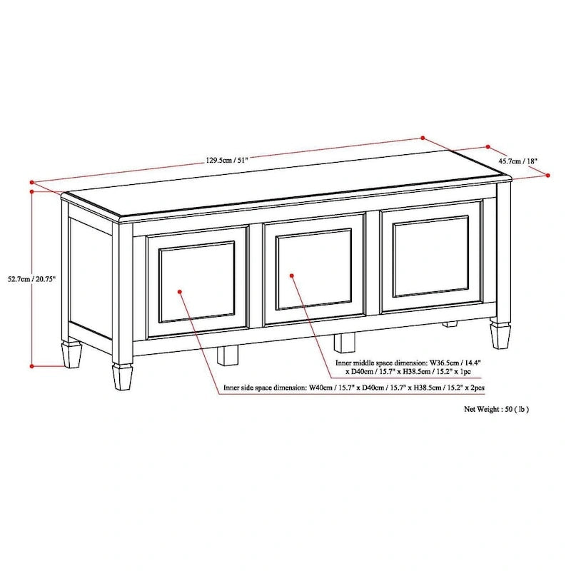 SOLID WOOD 51 inch Wide Traditional Storage Bench Trunk - 51 W x 18 D x 20.75 H
