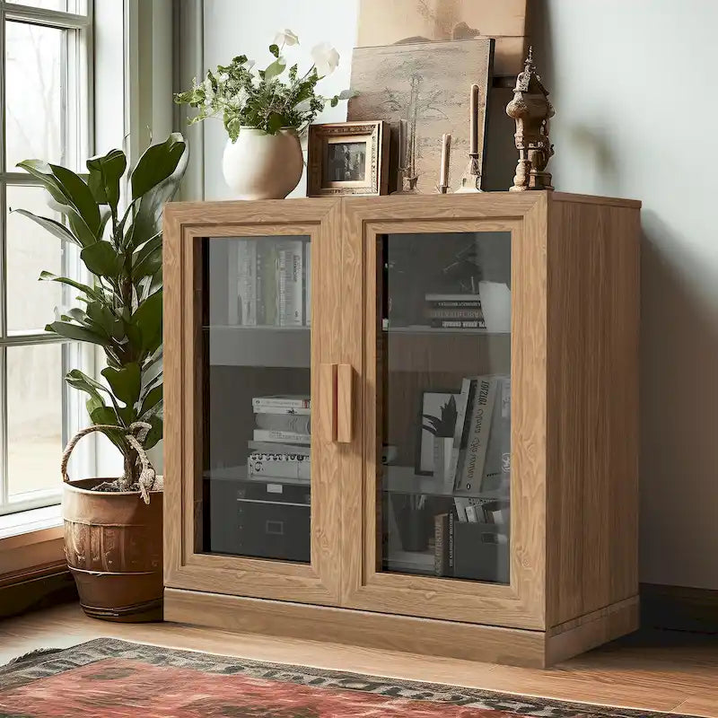 Solid Wood Storage Cabinet with two Glass Doors 31