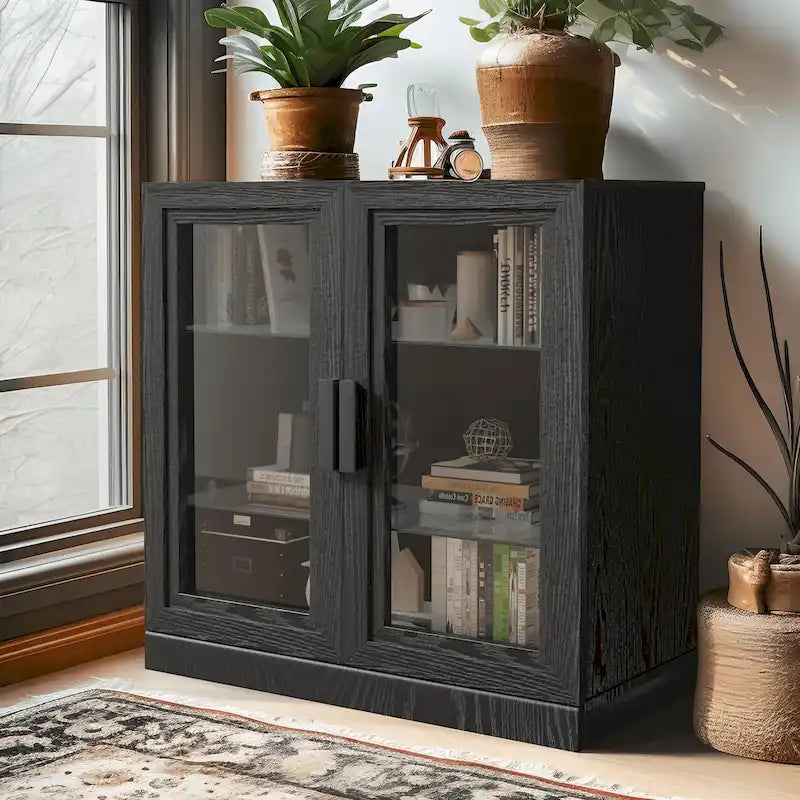 Solid Wood Storage Cabinet with two Glass Doors 31