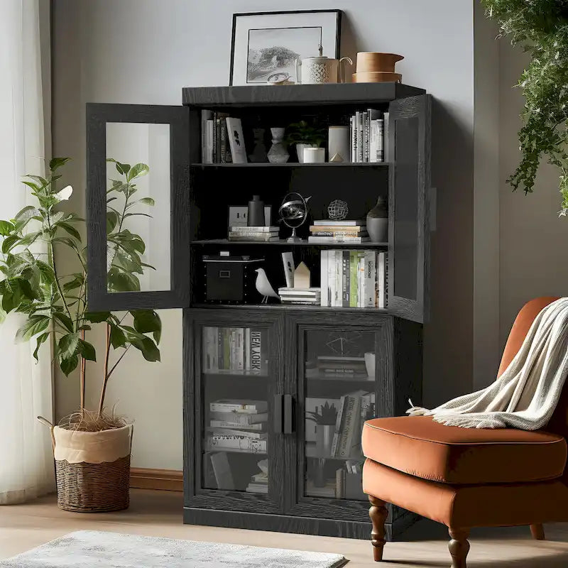 Solid Wood Storage Cabinet with two Glass Doors 31