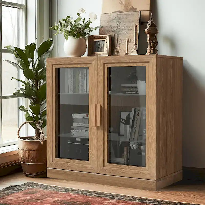 Solid Wood Storage Cabinet with two Glass Doors 31