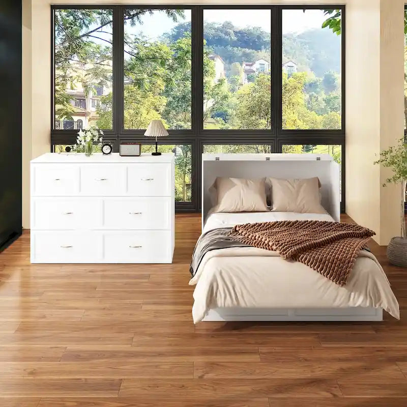 Letto a scomparsa matrimoniale completo bianco con cassettiera, per sala feste o ufficio domestico, salvaspazio
