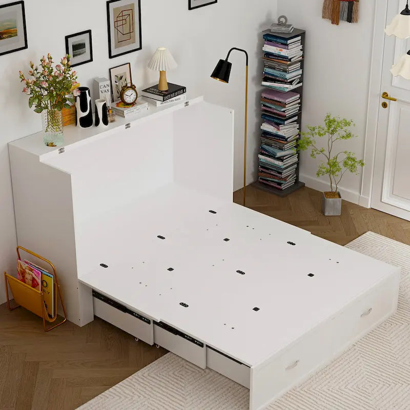 Letto a scomparsa matrimoniale completo bianco con cassettiera, per sala feste o ufficio domestico, salvaspazio