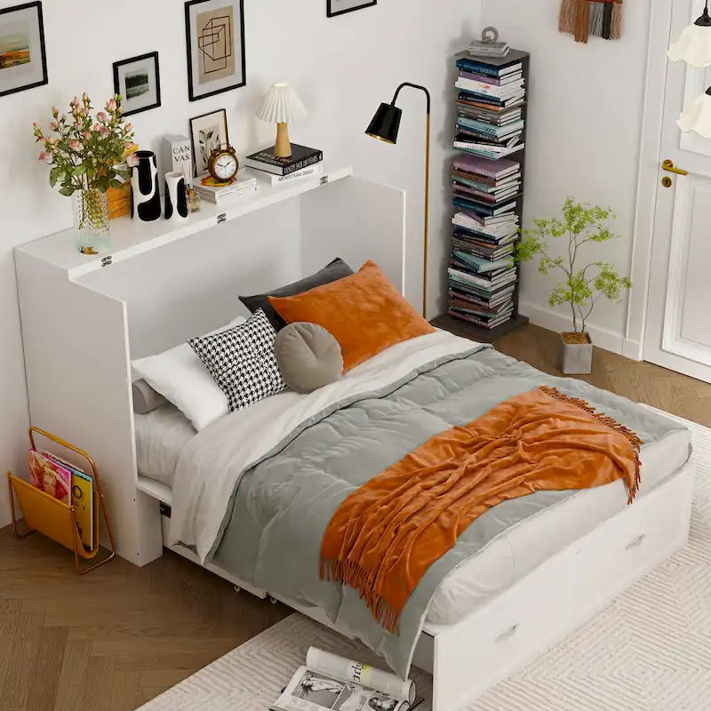 Letto a scomparsa matrimoniale completo bianco con cassettiera, per sala feste o ufficio domestico, salvaspazio