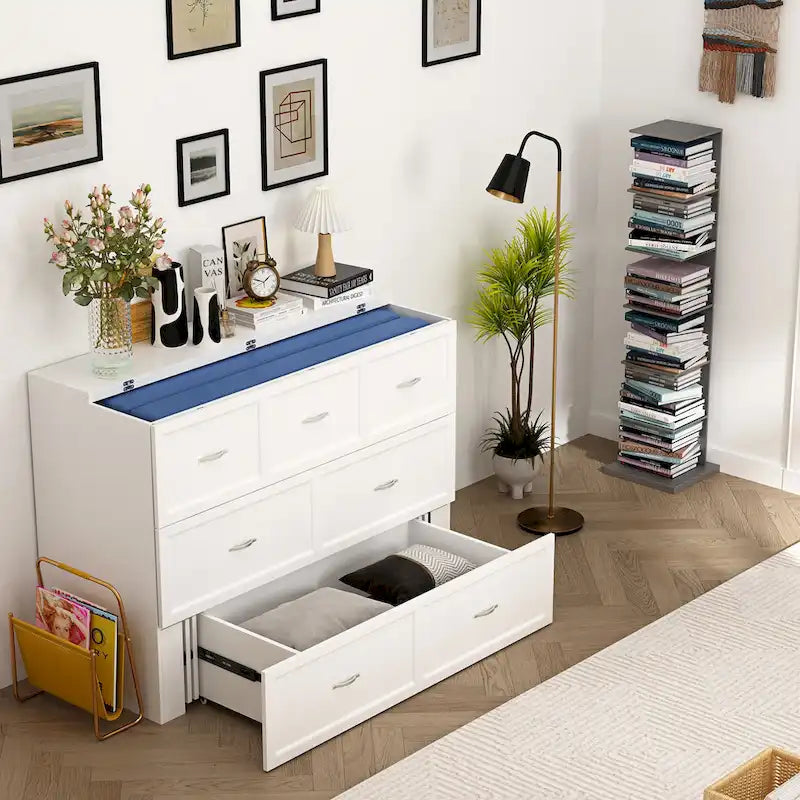 Letto a scomparsa matrimoniale completo bianco con cassettiera, per sala feste o ufficio domestico, salvaspazio