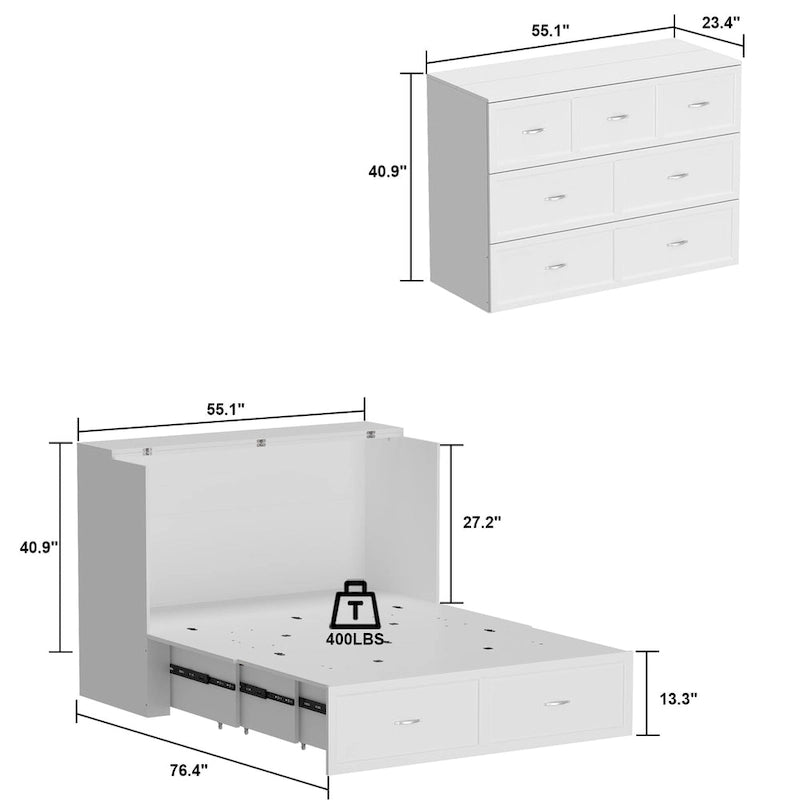 Letto a scomparsa matrimoniale completo bianco con cassettiera, per sala feste o ufficio domestico, salvaspazio