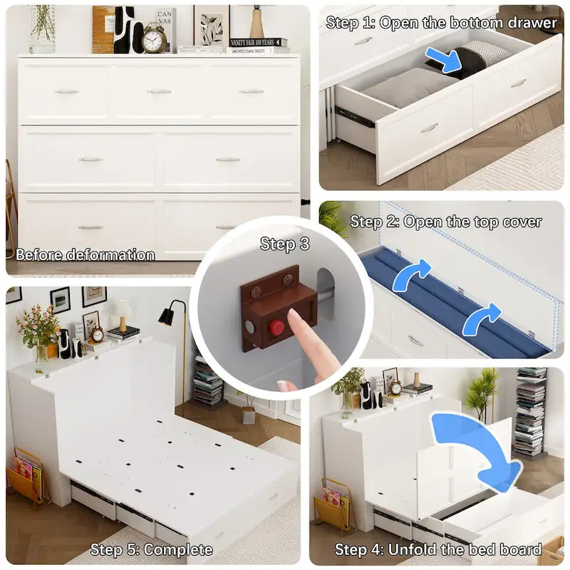 Letto a scomparsa matrimoniale completo bianco con cassettiera, per sala feste o ufficio domestico, salvaspazio