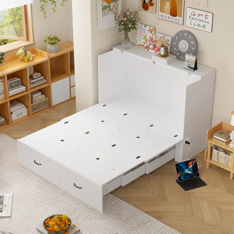 Letto a scomparsa matrimoniale completo bianco con cassettiera, per sala feste o ufficio domestico, salvaspazio