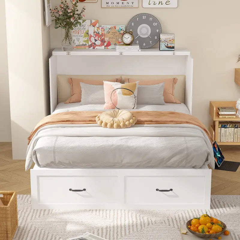 Letto a scomparsa matrimoniale completo bianco con cassettiera, per sala feste o ufficio domestico, salvaspazio