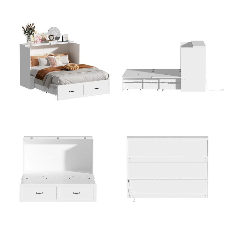 Letto a scomparsa matrimoniale completo bianco con cassettiera, per sala feste o ufficio domestico, salvaspazio
