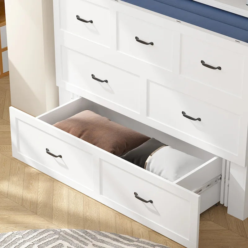 Letto a scomparsa matrimoniale completo bianco con cassettiera, per sala feste o ufficio domestico, salvaspazio
