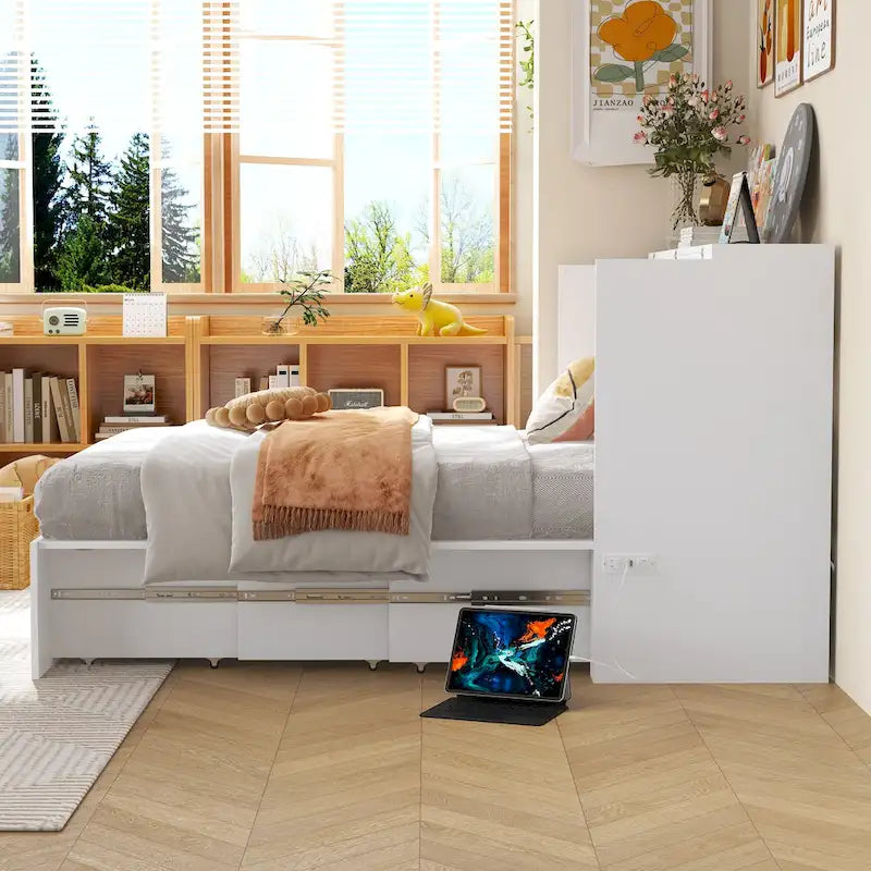 Letto a scomparsa matrimoniale completo bianco con cassettiera, per sala feste o ufficio domestico, salvaspazio