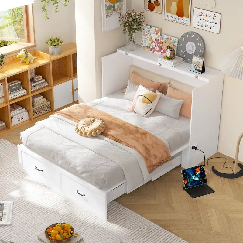 Letto a scomparsa matrimoniale completo bianco con cassettiera, per sala feste o ufficio domestico, salvaspazio