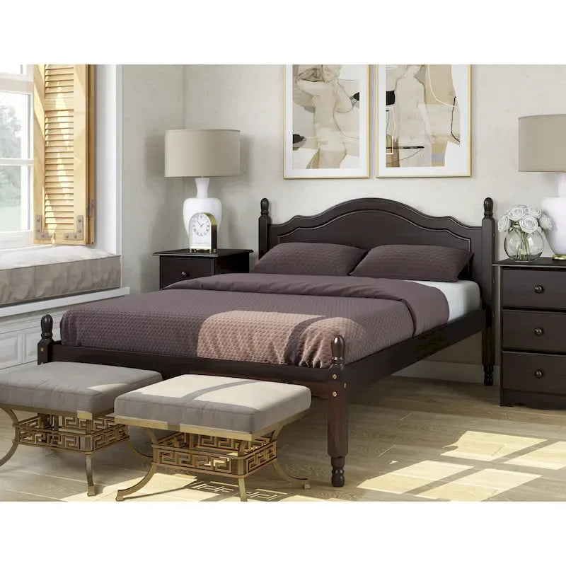 Bed met paneelhoofdbord en platform, 100% massief hout, in Full-formaat, van