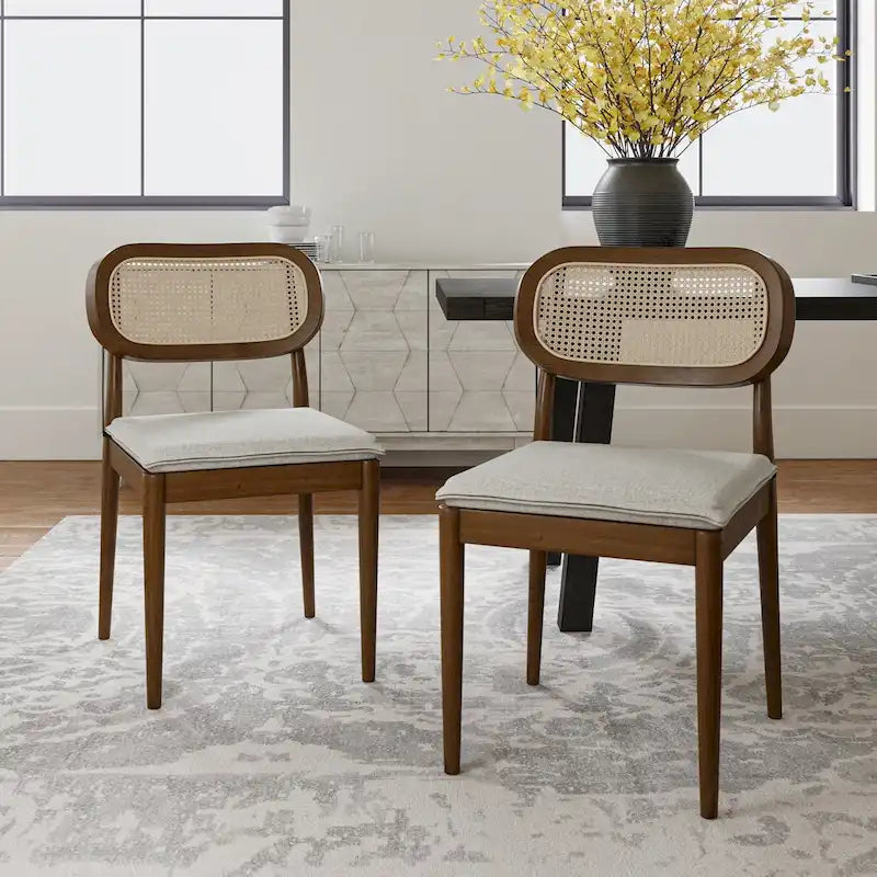 Moderner Esszimmerstuhl aus Massivholz mit Rattanlehne und abnehmbarem Sitzkissen, 2er-Set von