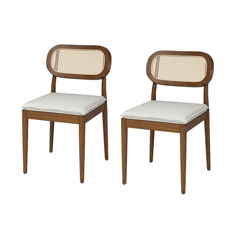 Moderner Esszimmerstuhl aus Massivholz mit Rattanlehne und abnehmbarem Sitzkissen, 2er-Set von