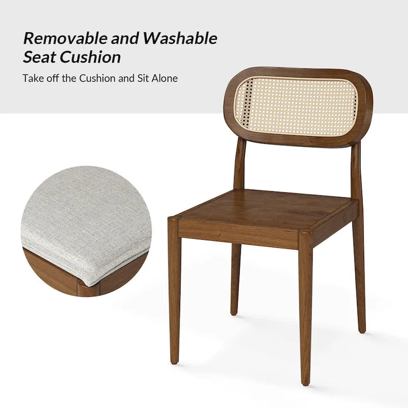 Moderner Esszimmerstuhl aus Massivholz mit Rattanlehne und abnehmbarem Sitzkissen, 2er-Set von