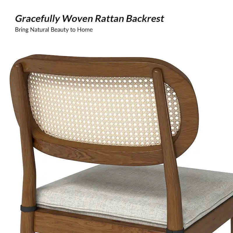 Moderner Esszimmerstuhl aus Massivholz mit Rattanlehne und abnehmbarem Sitzkissen, 2er-Set von