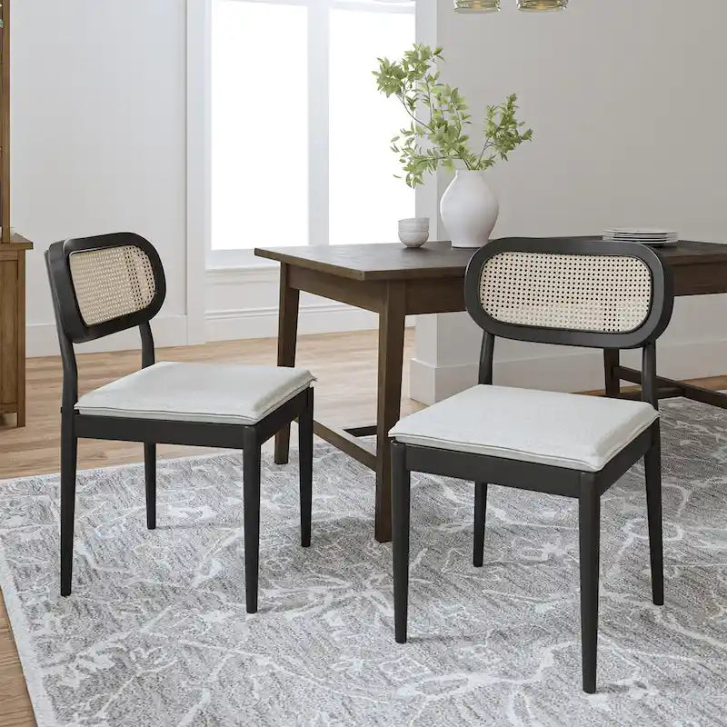 Moderner Esszimmerstuhl aus Massivholz mit Rattanlehne und abnehmbarem Sitzkissen, 2er-Set von