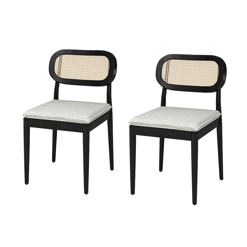 Moderner Esszimmerstuhl aus Massivholz mit Rattanlehne und abnehmbarem Sitzkissen, 2er-Set von